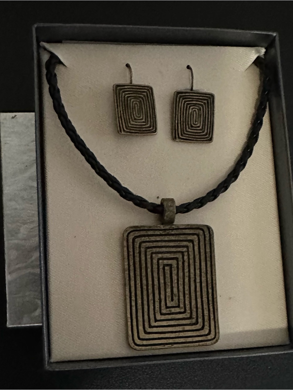 Vintage/Antique Brass-Tone Geometric Rectangle Pendant Necklace & Earrings Set